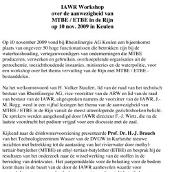 IAWR Workshop over de aanwezigheid van MTBE / ETBE in de Rijn.